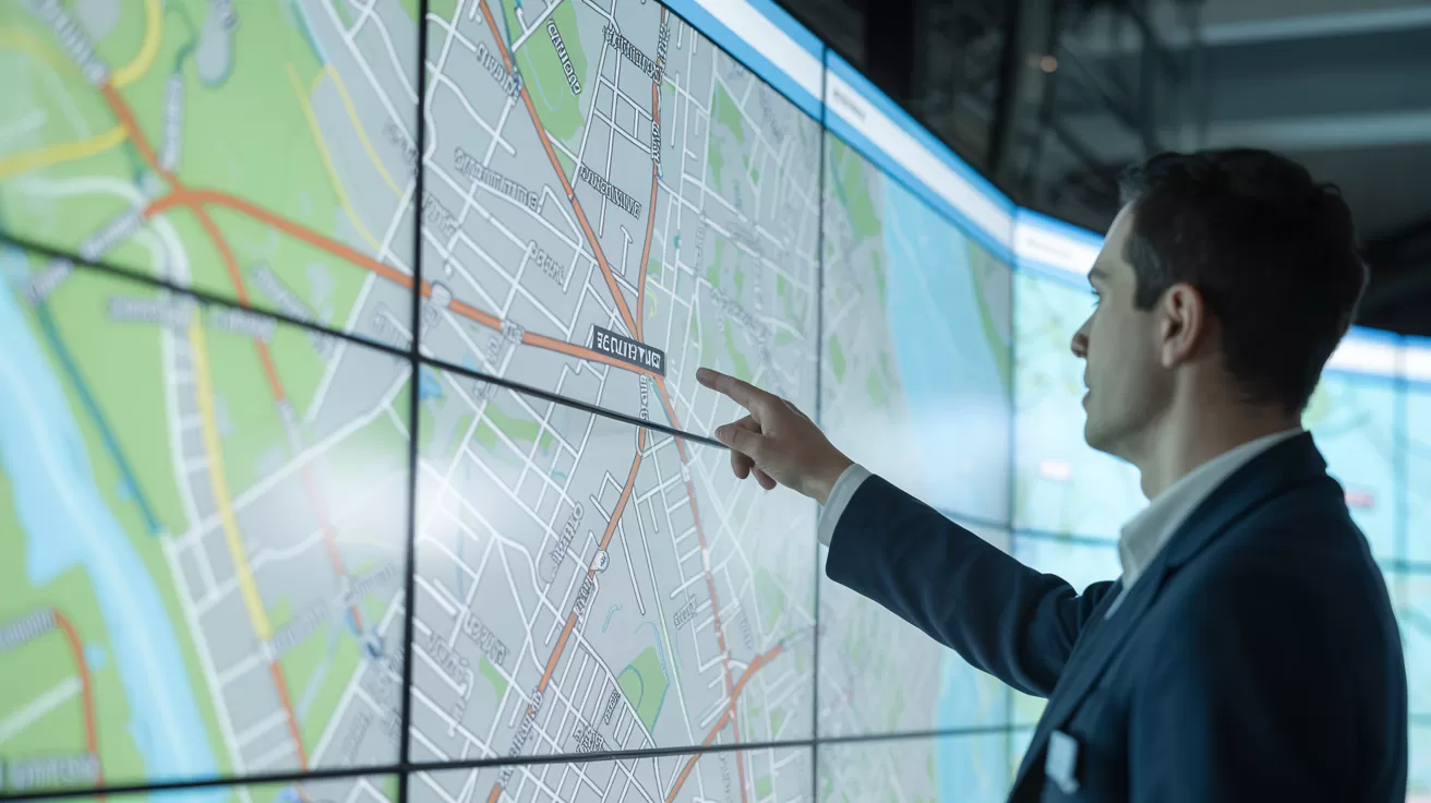 An image showing an operator standing close to a huge LED map, pointing at a clearly legible street name