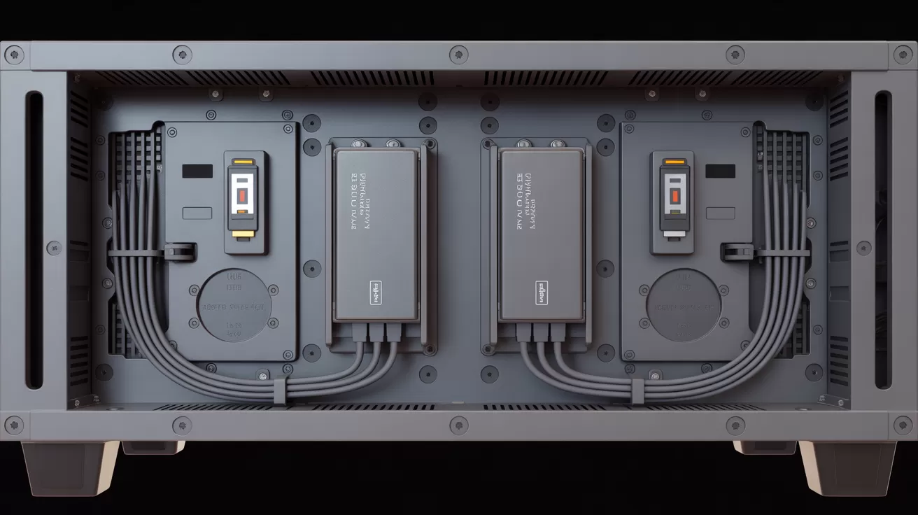 A close-up shot of an LED cabinet's rear, highlighting two separate power supply units and two signal ports