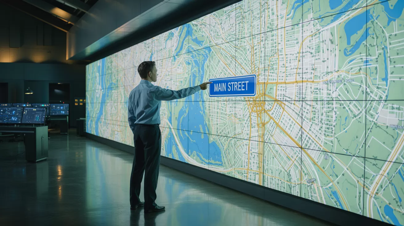 A panoramic view of a bustling Emergency Response Center with a large, bright video wall showing maps and data