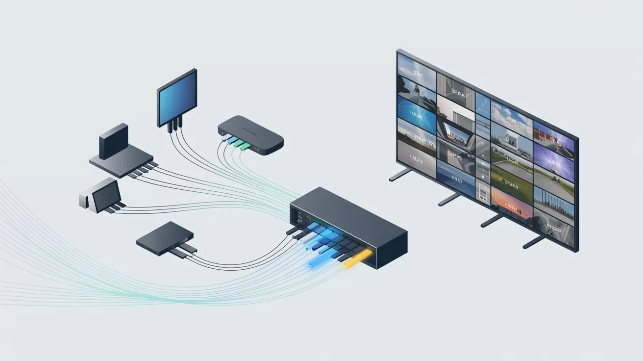 An image showing a video wall processor with many inputs and one large output, symbolizing data consolidation